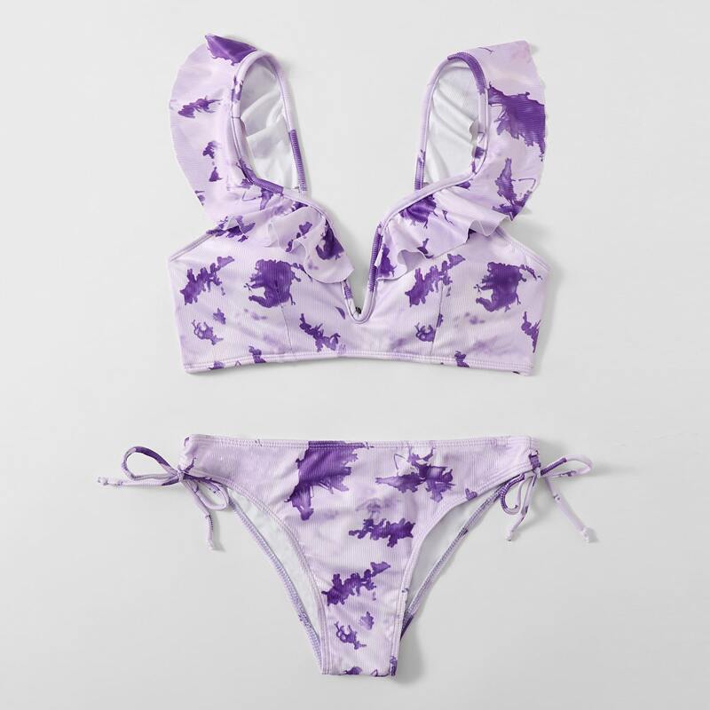 

Tie Dye Ruffle Trim Bikini Swimsuit, Purple