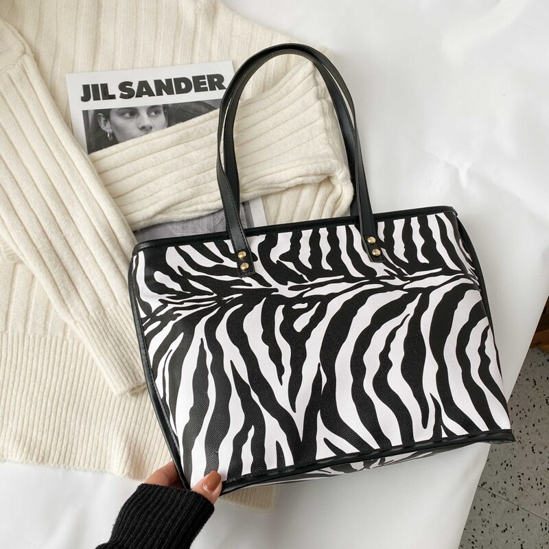 

Zebra Striped Tote Bag, Black and white