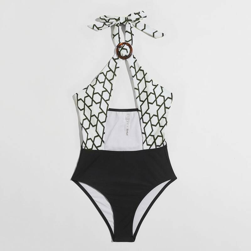

Geometric Ring Decor Cut-out One Piece Swimsuit, Multicolor