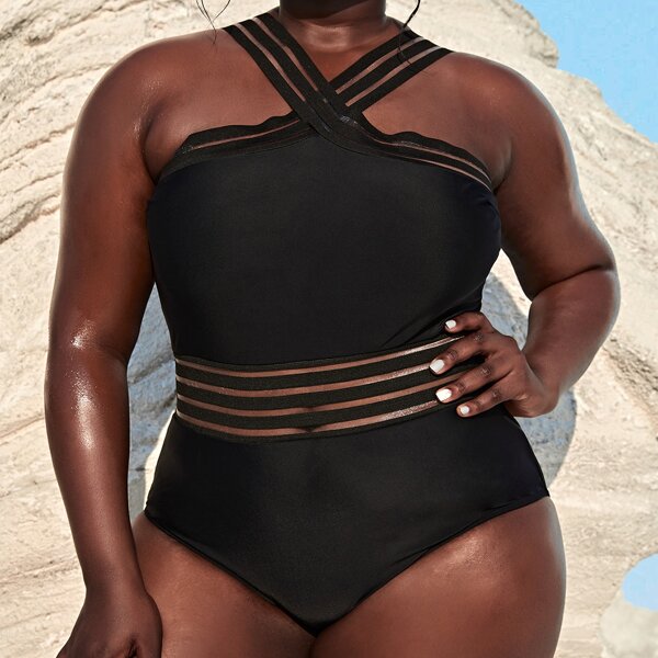 

Plus Mesh Trim One Piece Swimsuit, Black
