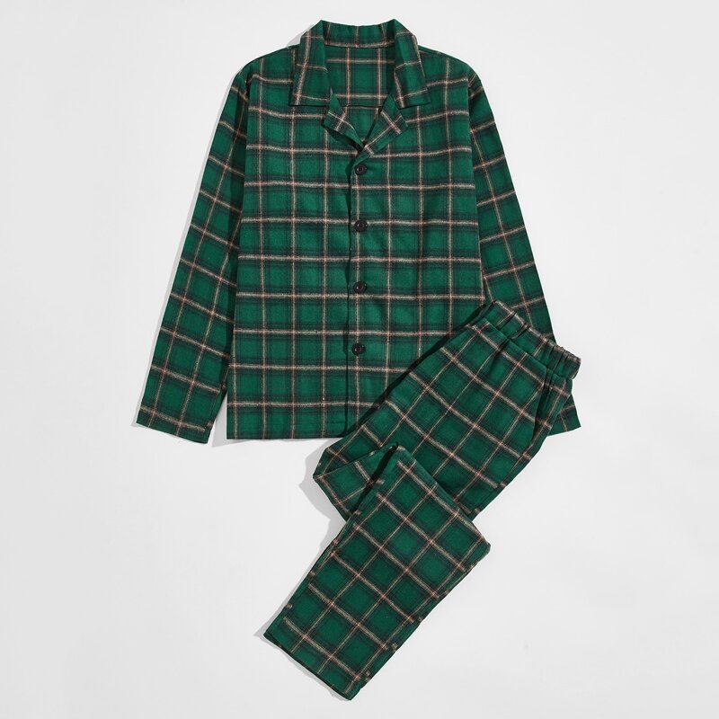 

Guys Lapel Collar Plaid Button Front PJ Set, Green