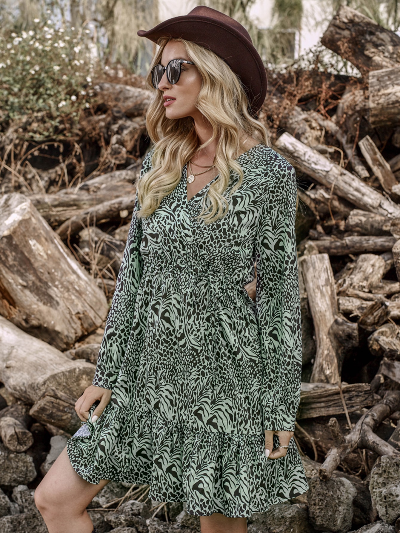 Allover Print Surplice Front Ruffle Hem Dress thumbnail