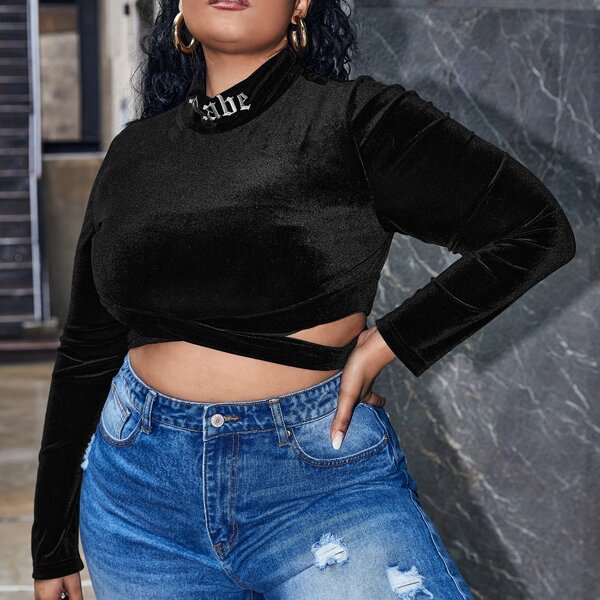 

Plus Letter Embroidery Mock Neck Velvet Crop Tee, Black