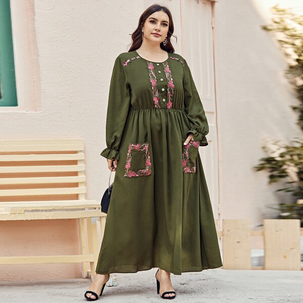 

Plus Embroidery Mesh Yoke Pocket Front Dress, Army green