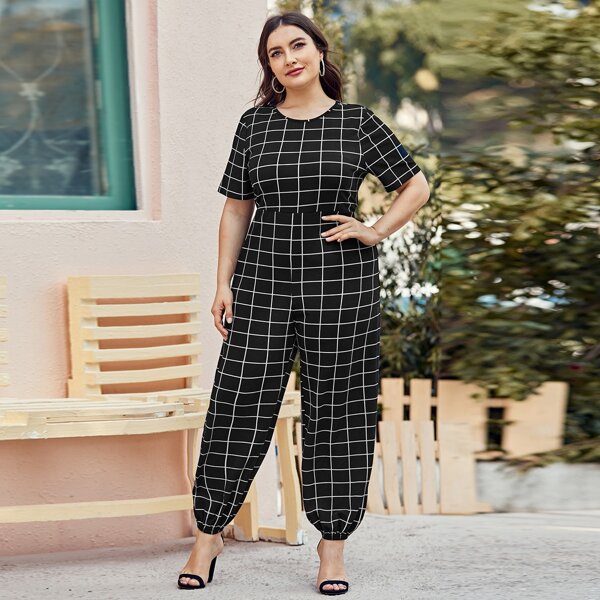 

Plus Short Sleeve Grid Jumpsuit, Black