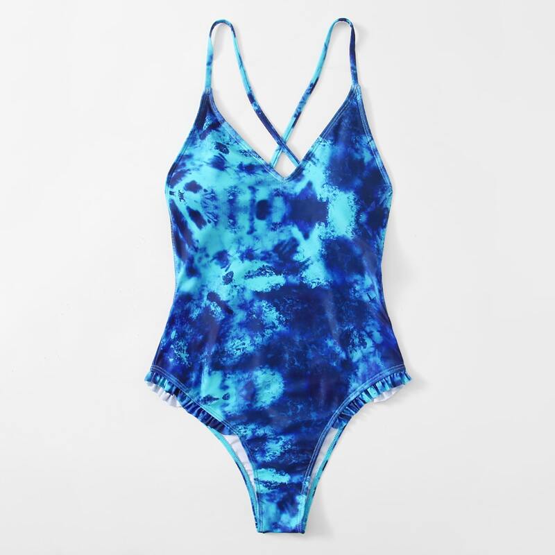 

Tie Dye Frill Trim One Piece Swimsuit, Blue