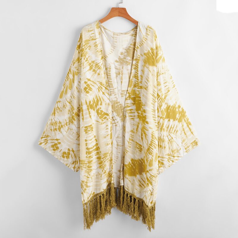 

Tie Dye Tassel Hem Kimono, Yellow