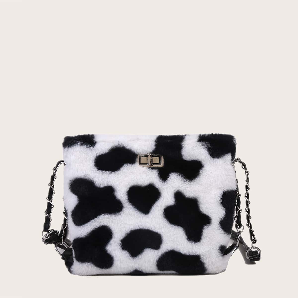 

Cow Print Fluffy Crossbody Bag, Black and white
