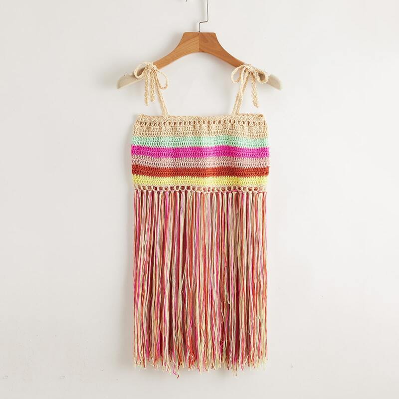 

Fringe Hem Crochet Bikini Top, Multicolor