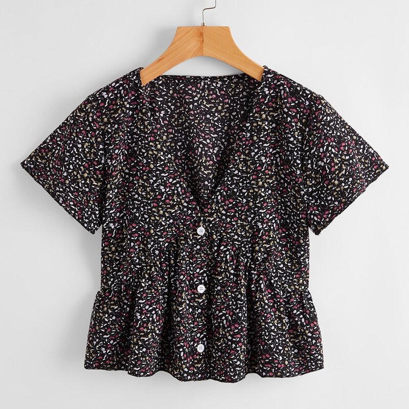 

Ditsy Flower Button Front Blouse, Black