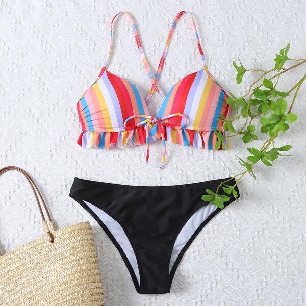 

Colorful Stripe Ruffle Hem Bikini Swimsuit, Multicolor