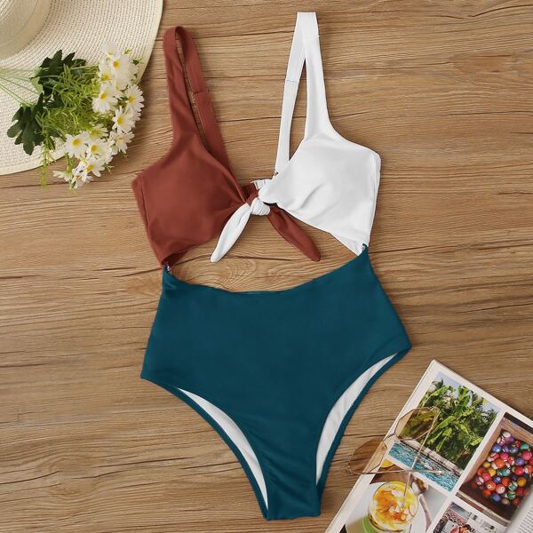 

Color Block Cut-out Knot One Piece Swimsuit, Multicolor