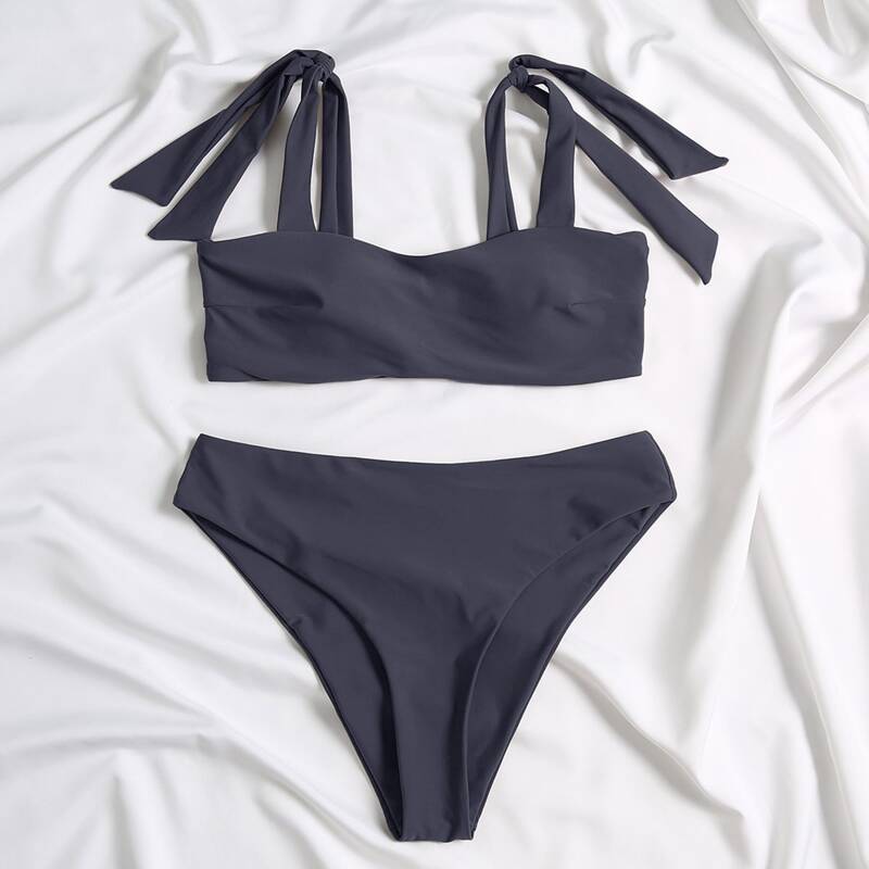

Tie Shoulder High Waisted Bikini Swimsuit, Navy blue
