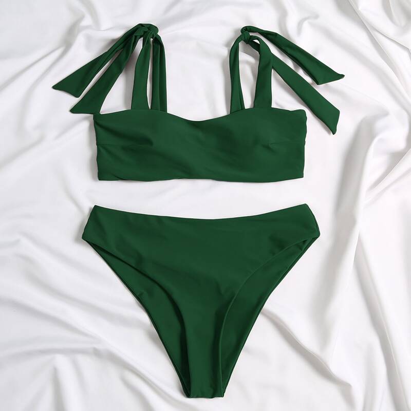 

Plain Tie Shoulder Bikini Swimsuit, Dark green