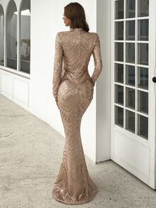 Mock Neck Mermaid Hem Sequin Prom Dress Elegant Long Sleeve Formal Evening Wedding Guest Gown, For Graduation, Dinner Party Dress Spring - Champagne - View 2