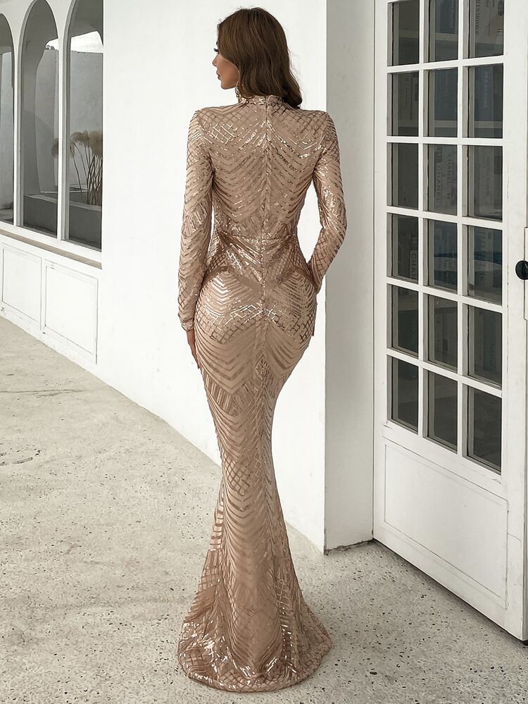 Mock Neck Mermaid Hem Sequin Prom Dress Elegant Long Sleeve Formal Evening Wedding Guest Gown, For Graduation, Dinner Party Dress Spring - Champagne - View 2
