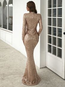 Mock Neck Mermaid Hem Sequin Prom Dress Elegant Long Sleeve Formal Evening Wedding Guest Gown, For Graduation, Dinner Party Dress