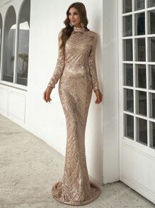 Mock Neck Mermaid Hem Sequin Prom Dress Elegant Long Sleeve Formal Evening Wedding Guest Gown, For Graduation, Dinner Party Dress