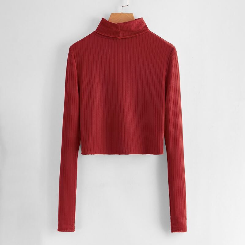 

Solid High Neck Ribbed Crop Tee, Burgundy
