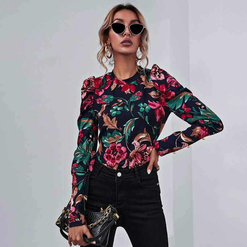 

Mock Neck Gigot Sleeve Floral Tee, Multicolor