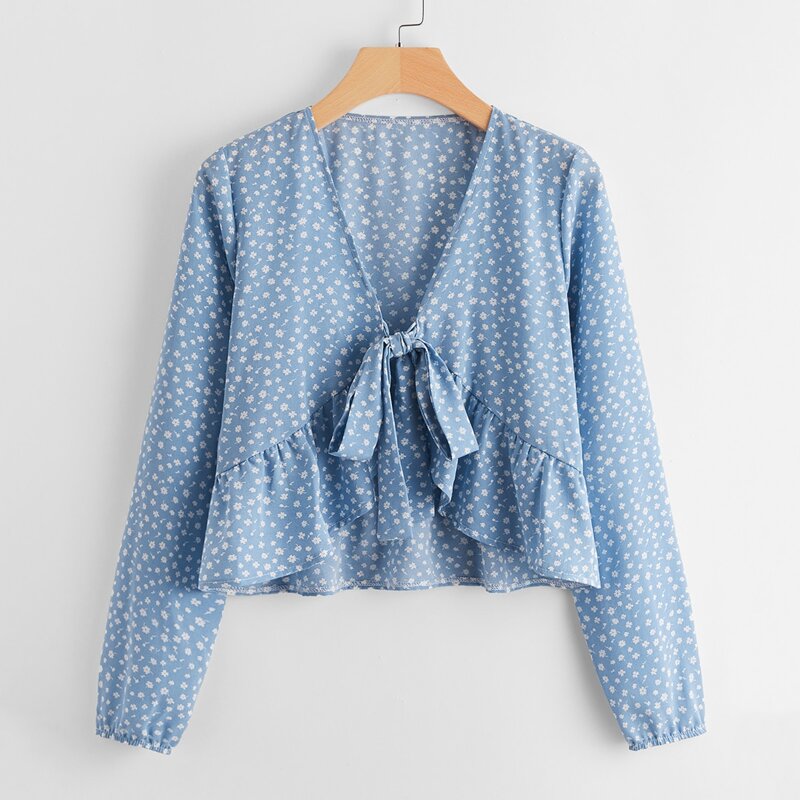 

Ditsy Flower Tie Front Ruffle Hem Top, Baby blue