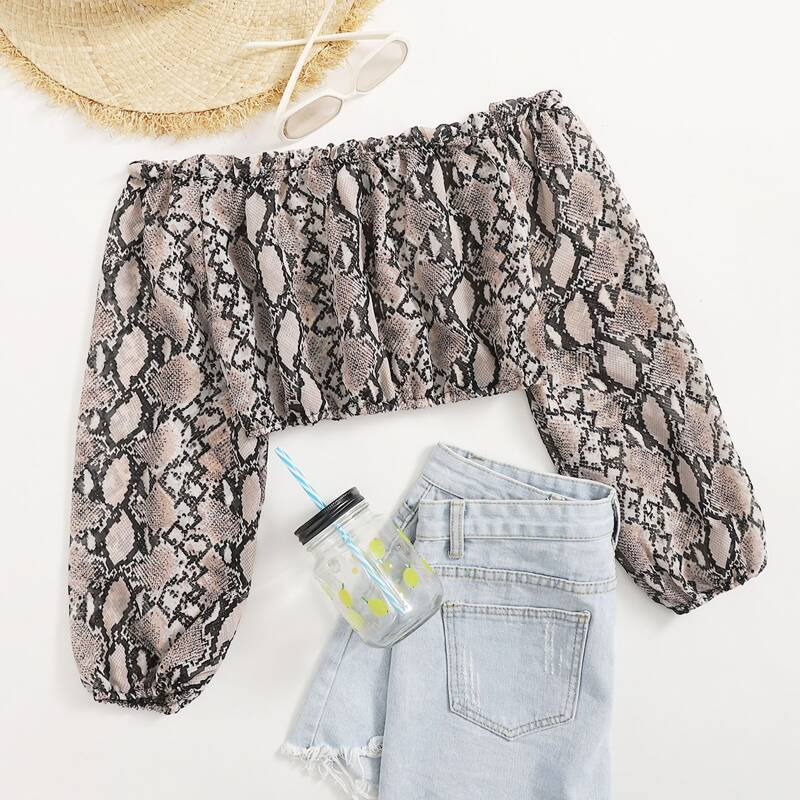 

Snakeskin Print Bardot Cover Up Top, Coffee brown