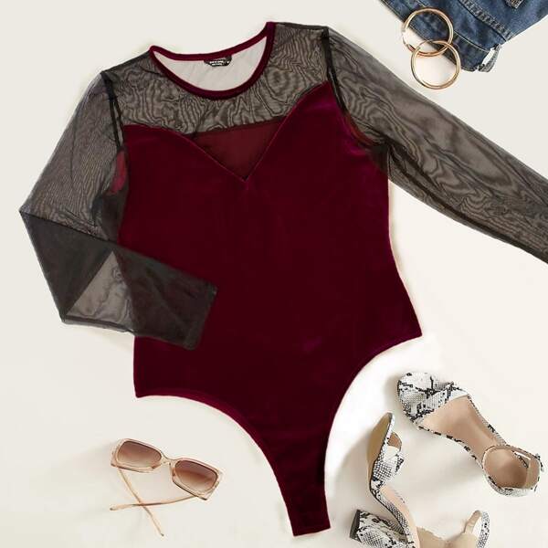 

Plus Mesh Panel Velvet Bodysuit, Burgundy