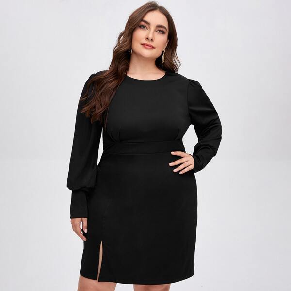 

Plus Puff Sleeve Split Hem Fitted Dress, Black