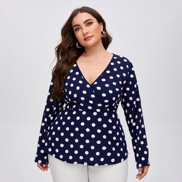 

Plus Surplice Neck Polka Dot Peplum Blouse, Navy blue