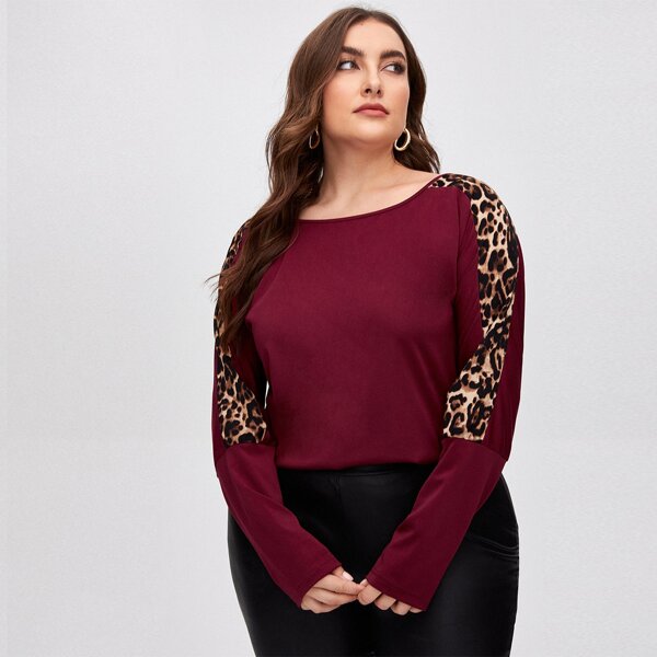 

Plus Leopard Panel Batwing Sleeve Tee, Maroon