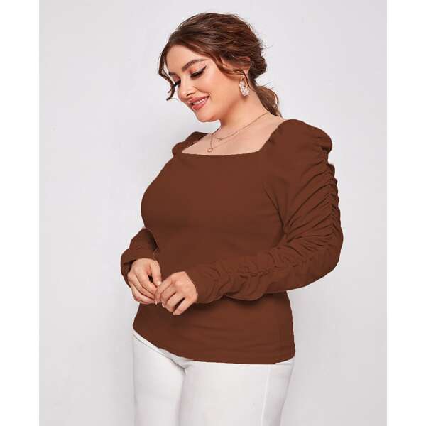 

Plus Square Neck Puff Sleeve Tee, Rust brown