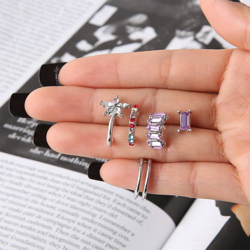

5pcs Rhinestone Floral Earring Set, Silver