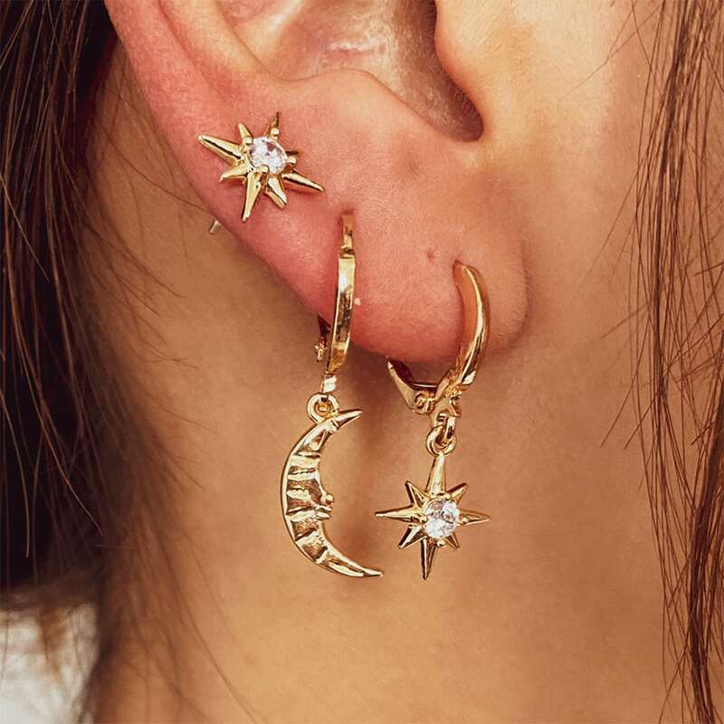 

3pcs Rhinestone Star & Moon Earring Set, Gold