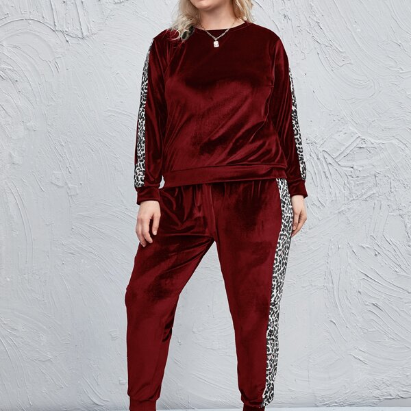 

Plus Leopard Panel Velvet Sweatshirt & Sweatpants, Burgundy