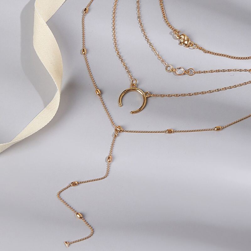 

Moon & Elephant Layered Chain Necklace, Gold
