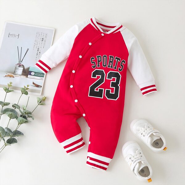 

Baby Boy Letter Graphic Striped Trim Colorblock Jumpsuit, Red