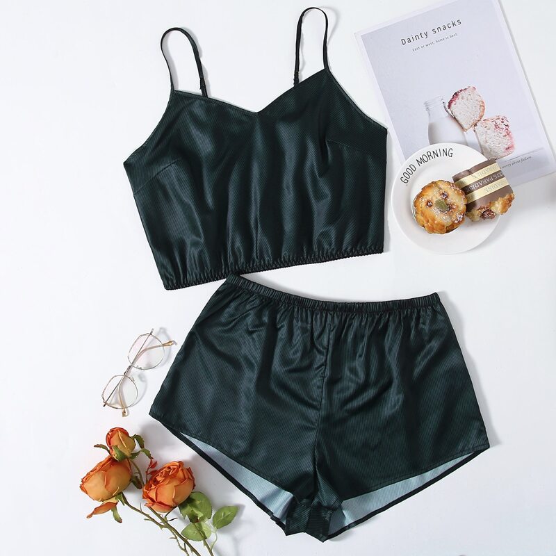 

Solid Satin Crop Top & Shorts PJ Set, Dark green