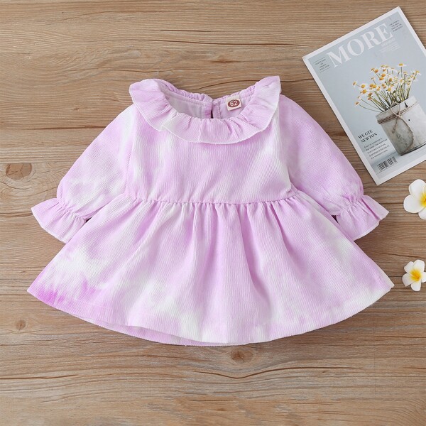 

Baby Girl Corduroy Tie Dye Ruffle Trim Smock Dress, Baby pink