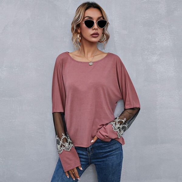 

Embroidered Mesh Insert Batwing Sleeve Tee, Dusty pink