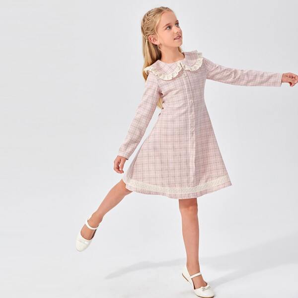 

Girls Lace Trim Statement Collar Buttoned Front Plaid Dress, Baby pink