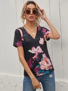 SHEIN LUNE Áo thun Trọn gói Hoa Giải trí - màu đen - Xem 5