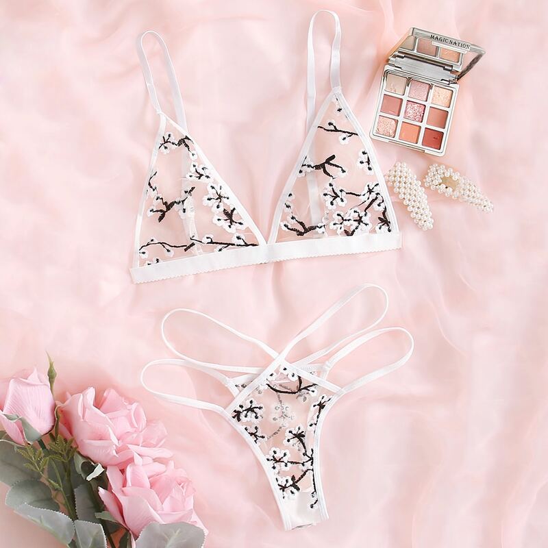 

Floral Embroidery Sheer Mesh Lingerie Set, Multicolor