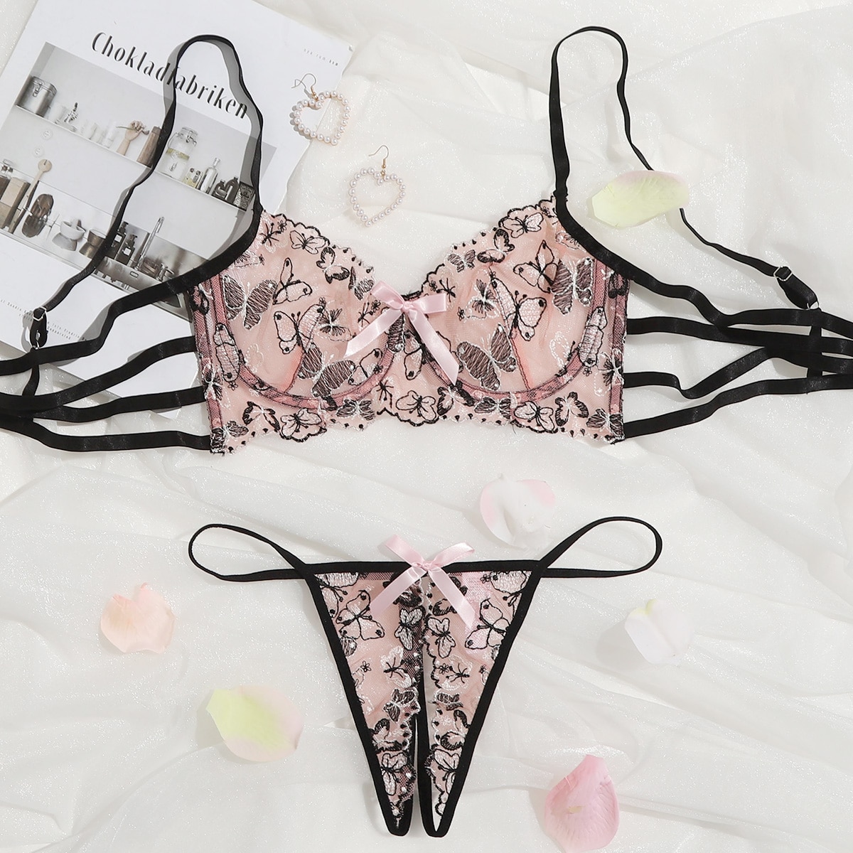 Image of Butterfly Embroidery Mesh Underwire Lingerie Set