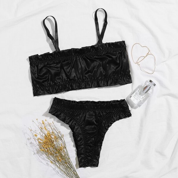 

Satin Frill Trim Lingerie Set, Black