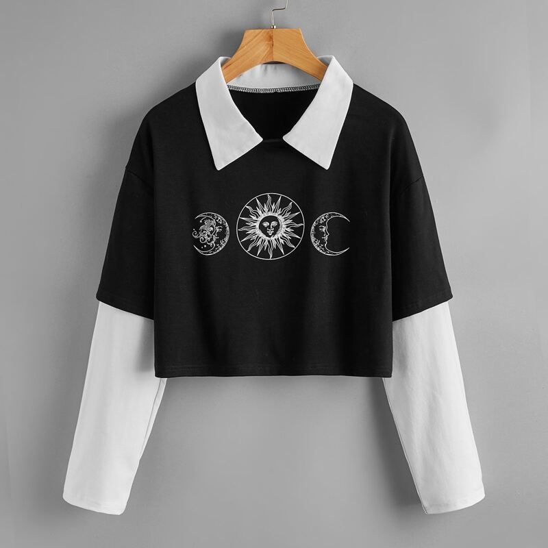 

2 In 1 Sun & Moon Graphic Crop Tee, Black and white