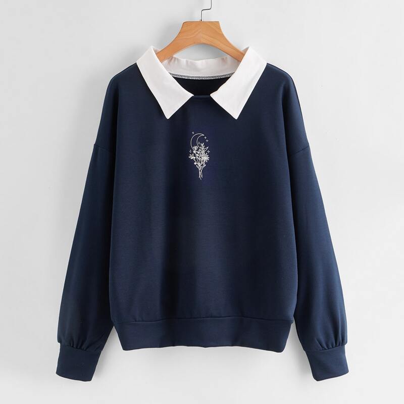 

Moon & Flower Graphic Contrast Collar Oversized Sweatshirt, Navy blue