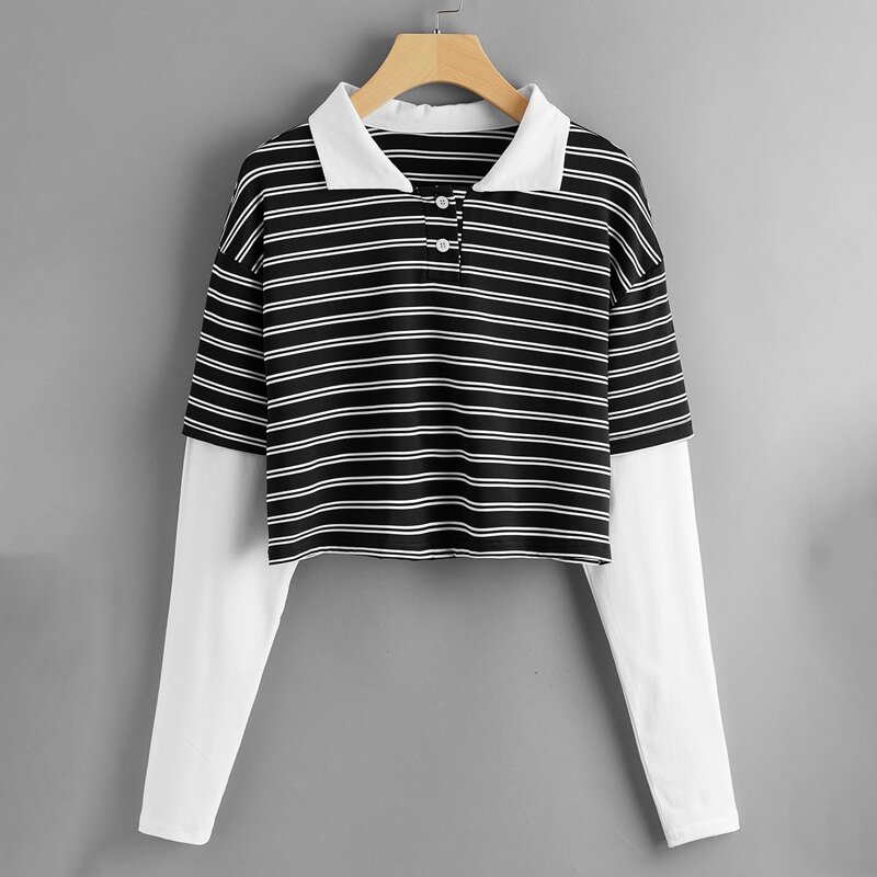 

2 In 1 Striped Polo Crop Tee, Black and white