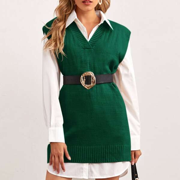 

V Neck Sweater Vest Dress Without Blouse Without Belt, Dark green