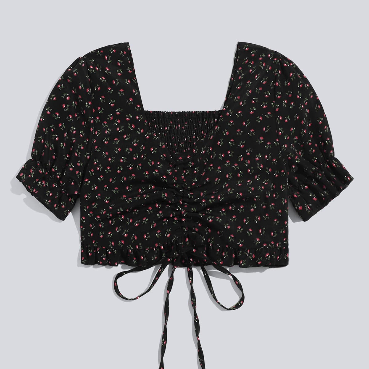 

Ditsy Flower Tie Front Shirred Crop Blouse, Black