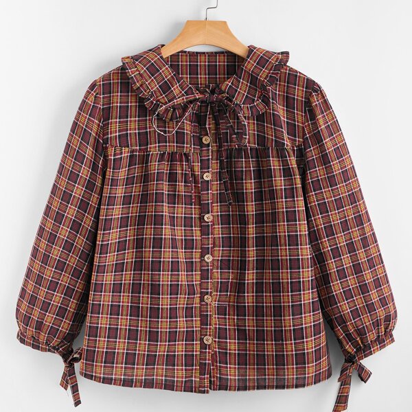 

Plus Tartan Tie Neck Knot Cuff Blouse, Multicolor